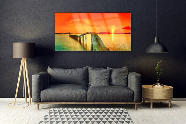 Tablou pe sticla Marea Podul Arhitectura Gri Albastru Galben Portocaliu