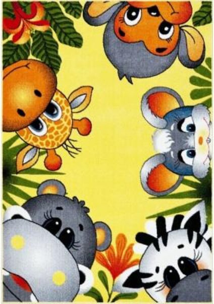 Covor Camera Copii, Model Kolibri 11058 150, Animalute, Galben Dreptunghi, 100 x 200, Galben