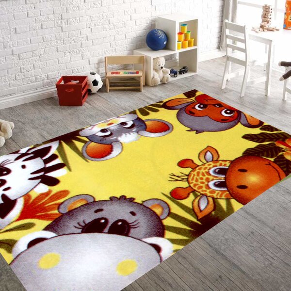 Covor Camera Copii Animalute 11058-150, Marime 80 x 150 cm, Galben, Inaltime Fir 9 mm, Antialergic, Polipropilena, Gradinita, Cresa, Loc de Joaca 80 x