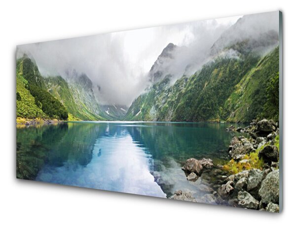 Panou sticla bucatarie Mountain Lake Peisaj Albastru Verde Gri