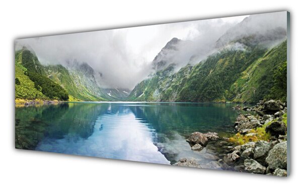 Panou sticla bucatarie Mountain Lake Peisaj Albastru Verde Gri