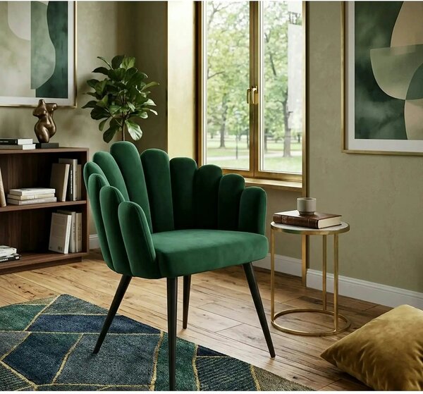 Scaun tapitat K410, verde/negru, stofa catifelata/metal, 65x62x85 cm