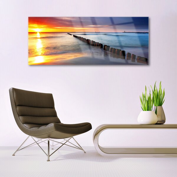 Tablou pe sticla Sea Sun Peisaj Violet Gri Albastru Galben
