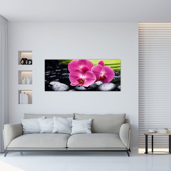 Tablou - Orhidee roz cu frunze de palmier (120x50 cm)
