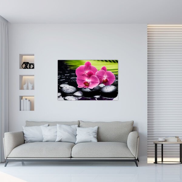 Tablou - Orhidee roz cu frunze de palmier (90x60 cm)