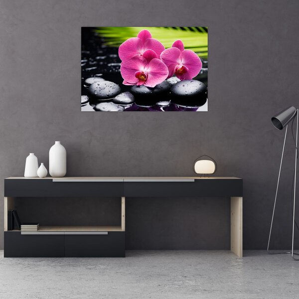 Tablou - Orhidee roz cu frunze de palmier (90x60 cm)