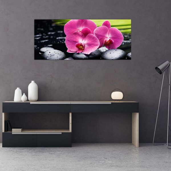 Tablou - Orhidee roz cu frunze de palmier (120x50 cm)
