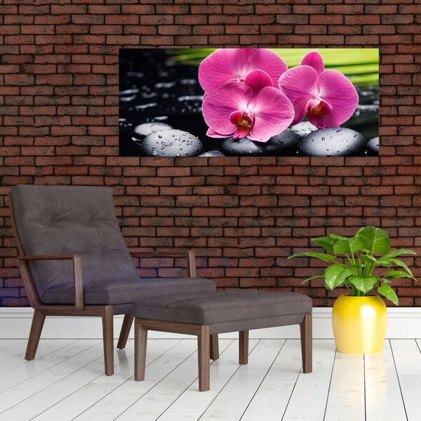 Tablou - Orhidee roz cu frunze de palmier (120x50 cm)