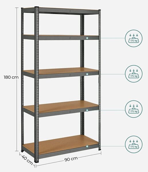 Raft Songmics, 5 rafturi, 40 x 90 x 180 cm, Negru, GLR040G01