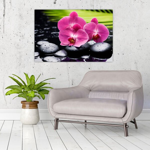 Tablou - Orhidee roz cu frunze de palmier (90x60 cm)