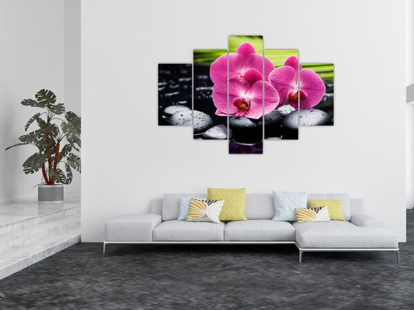 Tablou - Orhidee roz cu frunze de palmier (150x105 cm)