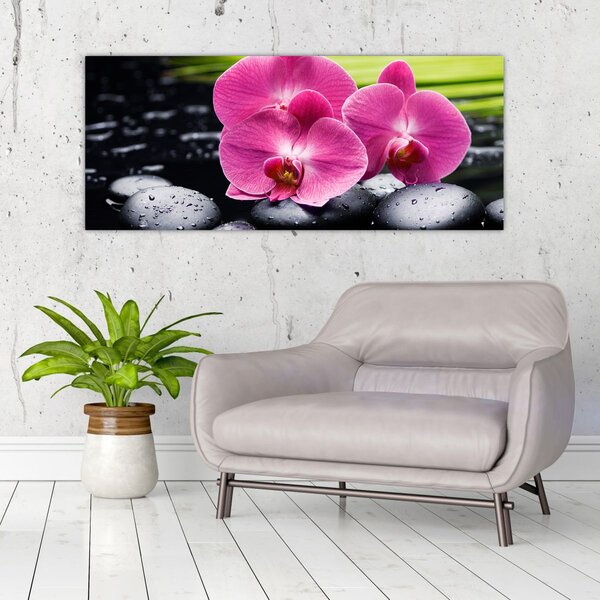 Tablou - Orhidee roz cu frunze de palmier (120x50 cm)