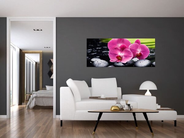 Tablou - Orhidee roz cu frunze de palmier (120x50 cm)