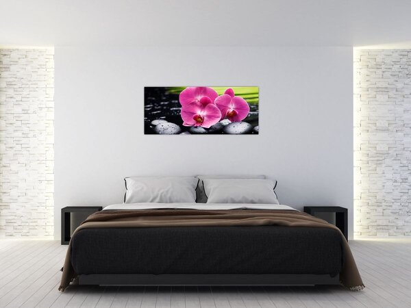 Tablou - Orhidee roz cu frunze de palmier (120x50 cm)