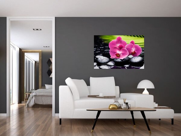 Tablou - Orhidee roz cu frunze de palmier (90x60 cm)