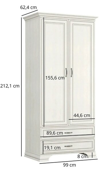 Dulap TIFFANY II, grej, PAL laminat, cu 2 usi si 2 sertare, 99x62x212