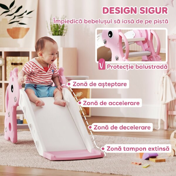 AIYAPLAY Tobogan pentru Copii cu Scară, Coș de Baschet și Minge, Design Girafă, pentru Copii 1-3 Ani, Roz | Aosom Romania