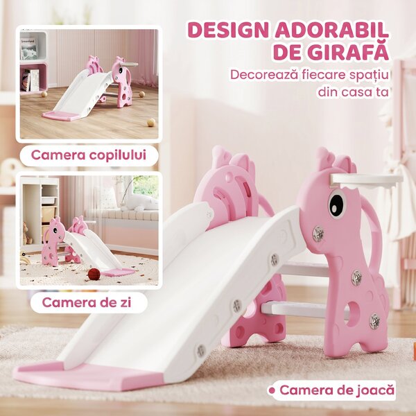 AIYAPLAY Tobogan pentru Copii cu Scară, Coș de Baschet și Minge, Design Girafă, pentru Copii 1-3 Ani, Roz | Aosom Romania