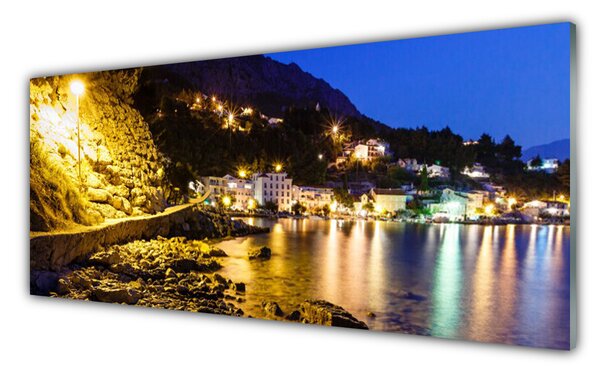 Panou sticla bucatarie Mountain Beach Peisaj Galben Violet Verde