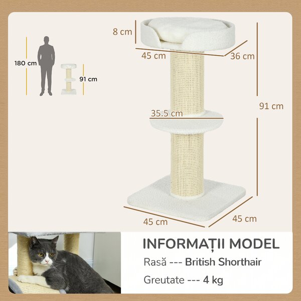 PawHut Stâlp de Zgâriat Per Pisici Con Lettino, Rivestimento Peluche E Palo In Sisal | Aosom Romania
