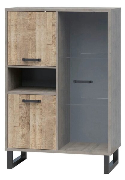 Vitrina BARI, gri/stejar, PAL laminat/sticla/metal, 90x45x134 cm