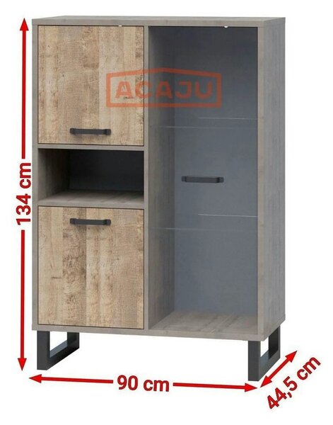 Vitrina BARI, gri/stejar, PAL laminat/sticla/metal, 90x45x134 cm