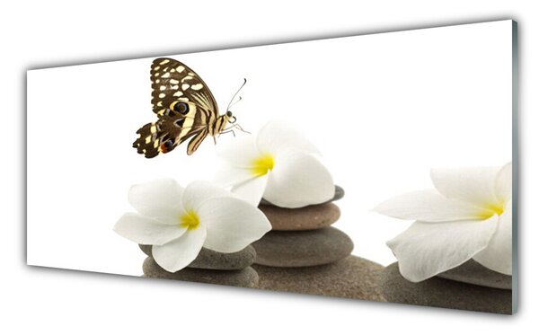 Panou sticla bucatarie Butterfly Pietre florale flori verde Alb Gri