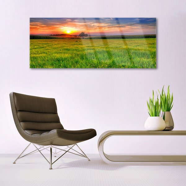 Tablou pe sticla Meadow Sun Natura Verde Galben Violet