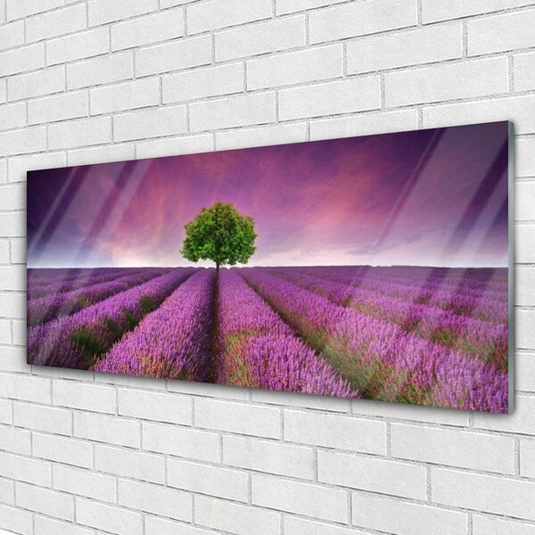 Tablou pe sticla Meadow copac Natura Roz Verde Violet