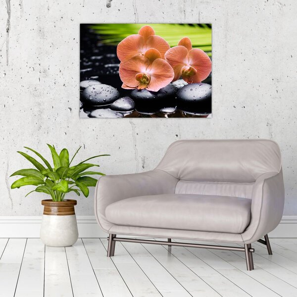 Tablou - Orhidee portocalie cu frunze de palmier (70x50 cm)