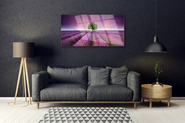 Tablou pe sticla Meadow copac Natura Roz Verde Violet