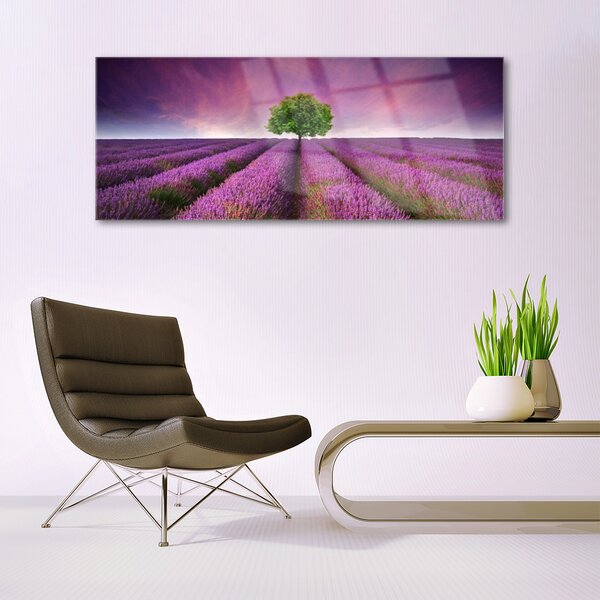 Tablou pe sticla Meadow copac Natura Roz Verde Violet