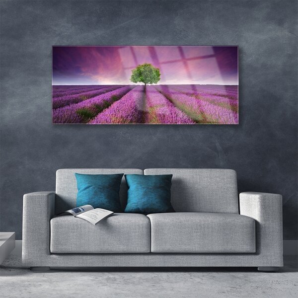 Tablou pe sticla Meadow copac Natura Roz Verde Violet