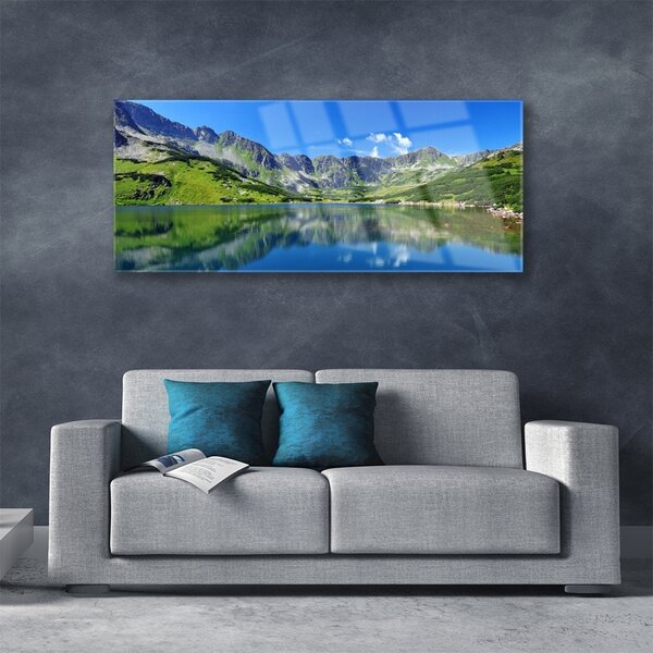 Tablou pe sticla Mountain Lake Peisaj Albastru Verde Gri