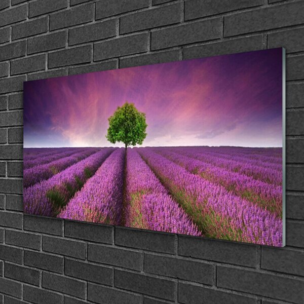 Tablou pe sticla Meadow copac Natura Roz Verde Violet
