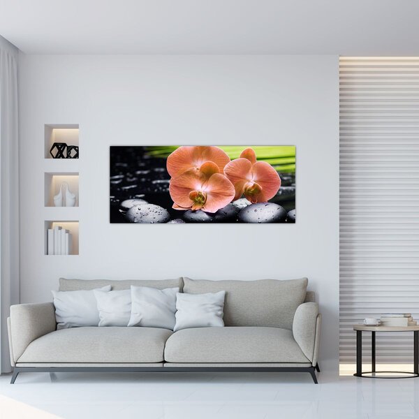 Tablou - Orhidee portocalie cu frunze de palmier (120x50 cm)