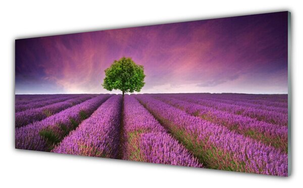 Tablou pe sticla Meadow copac Natura Roz Verde Violet