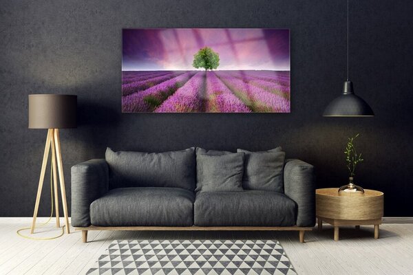 Tablou pe sticla Meadow copac Natura Roz Verde Violet