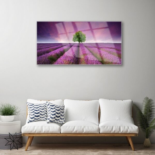 Tablou pe sticla Meadow copac Natura Roz Verde Violet