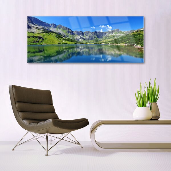 Tablou pe sticla Mountain Lake Peisaj Albastru Verde Gri