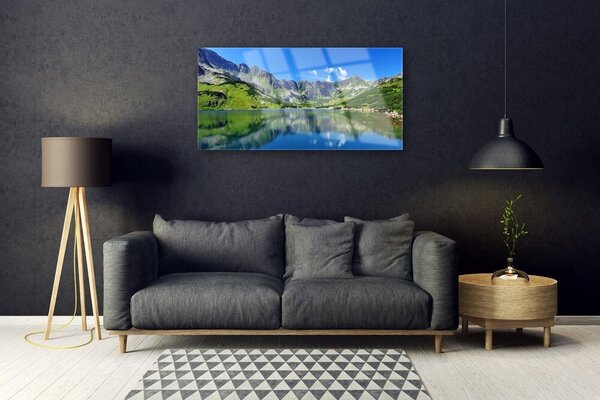 Tablou pe sticla Mountain Lake Peisaj Albastru Verde Gri