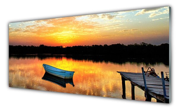 Panou sticla bucatarie Boat Podul Lacul Peisaj Alb Gri Galben Negru