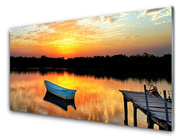 Panou sticla bucatarie Boat Podul Lacul Peisaj Alb Gri Galben Negru