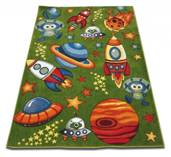 Covor Camera Copii Cosmos 11200-130, Marime 80 x 150 cm, Verde, Inaltime Fir 9 mm, Antialergic, Polipropilena, Gradinita, Cresa, Loc de Joaca 80 x 150