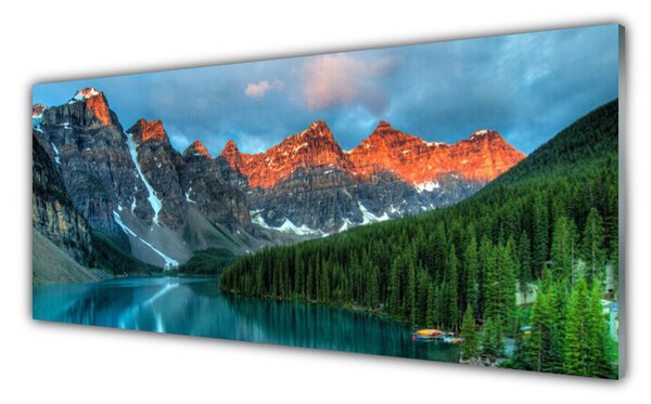 Tablou pe sticla Mountain Lake Forest Peisaj Albastru Verde Gri Galben