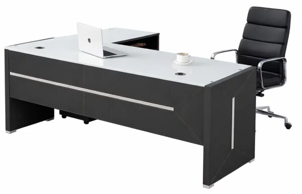 Set Elegance & Qualia - Birou Managerial cu blat din sticla si Scaun de birou ergonomic ,reglabil din piele