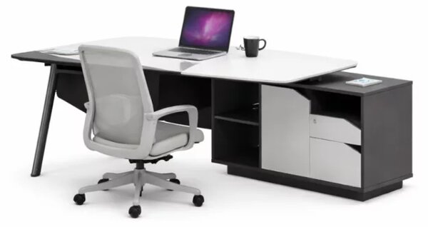 Set Platinia & Calvena - Birou cu dulap lateral,picioare metalice si Scaun de birou ergonomic cu functie de înclinare