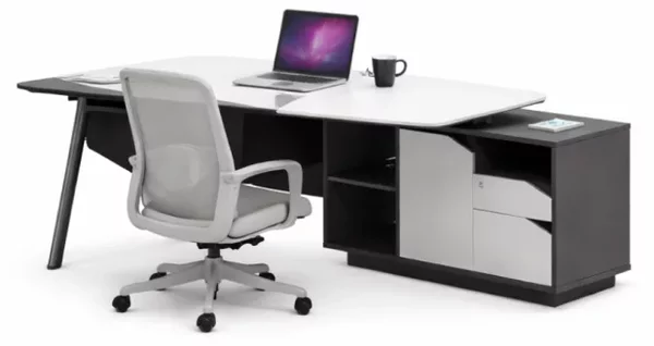 Set Platinia & Calvena - Birou cu dulap lateral,picioare metalice si Scaun de birou ergonomic cu functie de înclinare