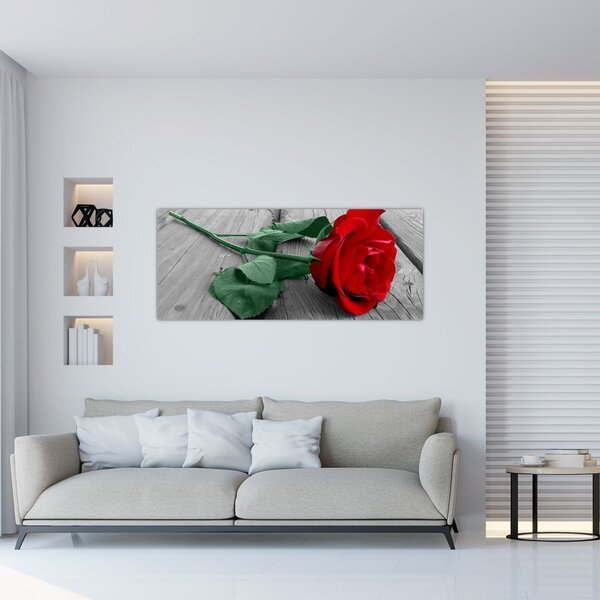 Tablou - Trandafir roșu cu tulpină verde (120x50 cm)