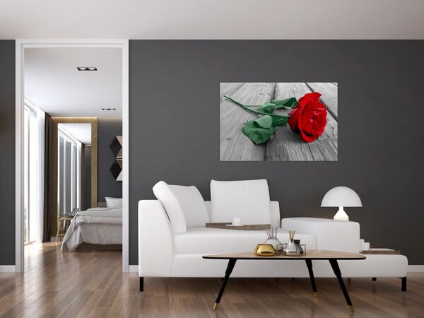 Tablou - Trandafir roșu cu tulpină verde (90x60 cm)